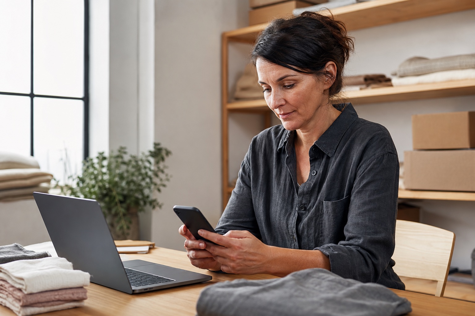 Illustrative business owner reviewing a phone beside product samples and a laptop